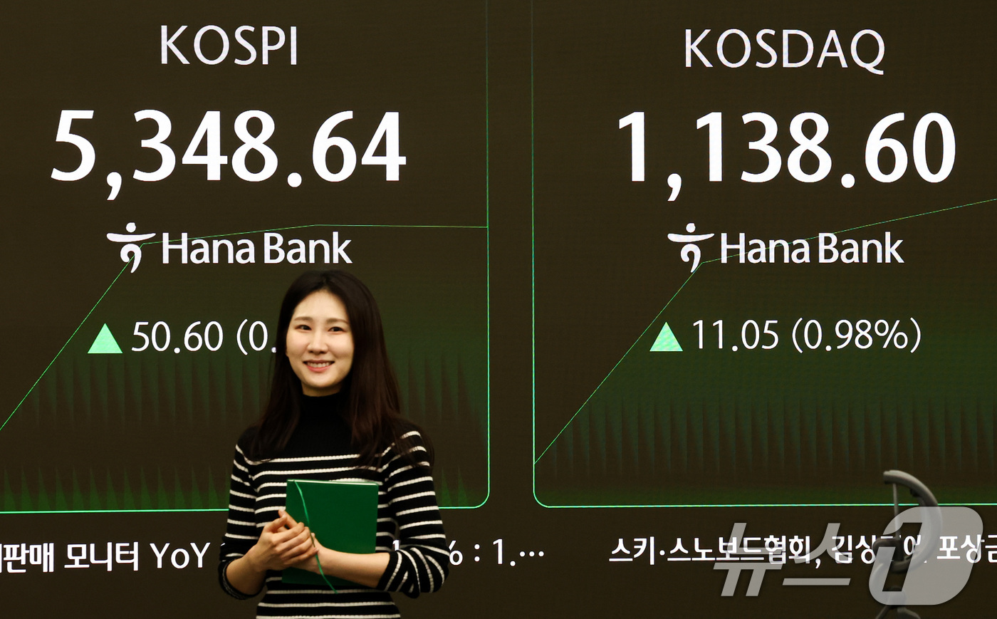 (서울=뉴스1) 최지환 기자 = 코스피가 상승 출발한 10일 서울 중구 하나은행 본점 딜링룸 전광판에 증시 시황이 표시되어 있다. 2026.2.10/뉴스1