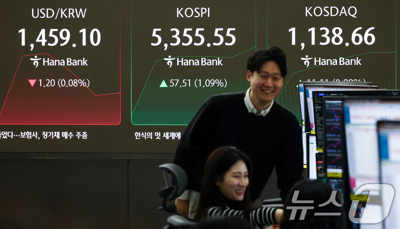 (서울=뉴스1) 최지환 기자 = 코스피가 상승 출발한 10일 서울 중구 하나은행 본점 딜링룸 전광판에 증시 시황이 표시되어 있다. 2026.2.10/뉴스1