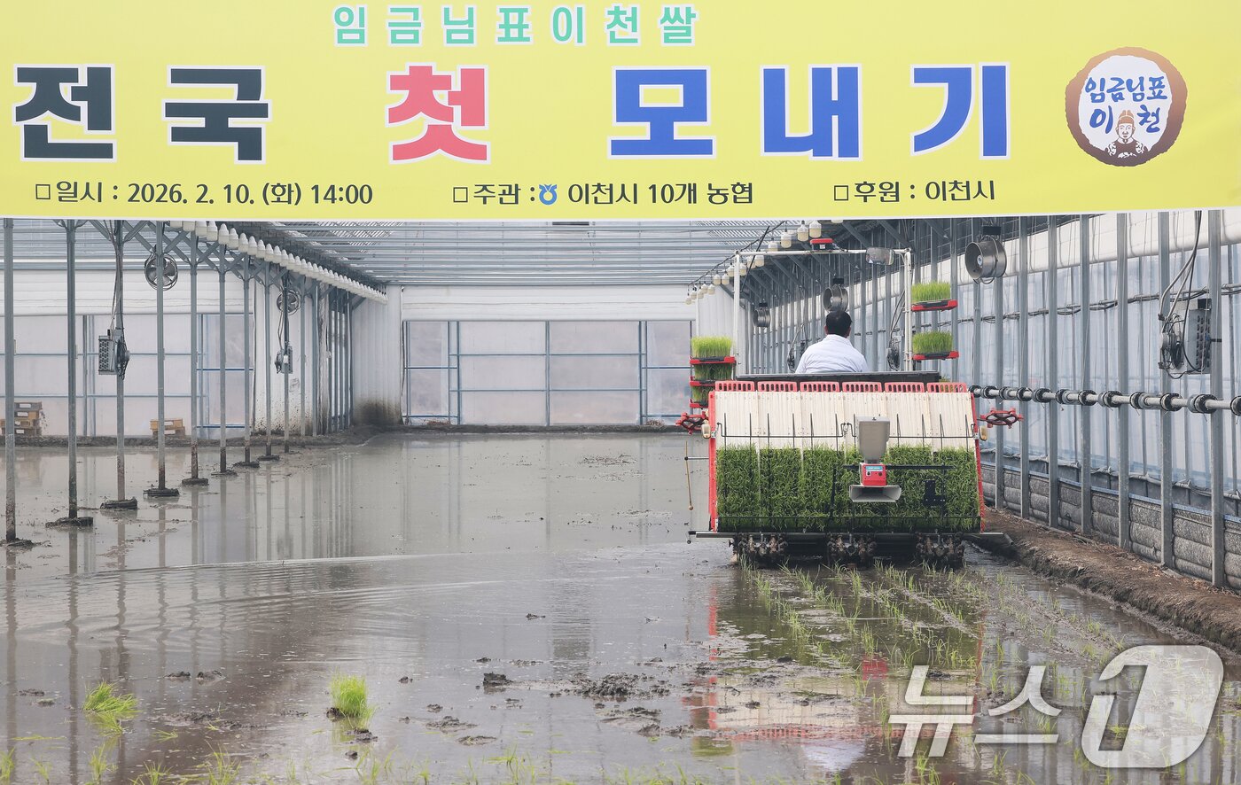 본문 이미지 - 10일 경기 이천시 호법면의 한 비닐하우스 논에서 열린 '임금님표 이천 쌀 첫 모내기 행사'에서 관계자가 이앙기로 모를 심고 있다. 이날 모내기에 사용된 벼 품종은 진부올벼로 올해 6월에 수확 예정이다. (공동취재) 2026.2.10 ⓒ 뉴스1 김영운 기자