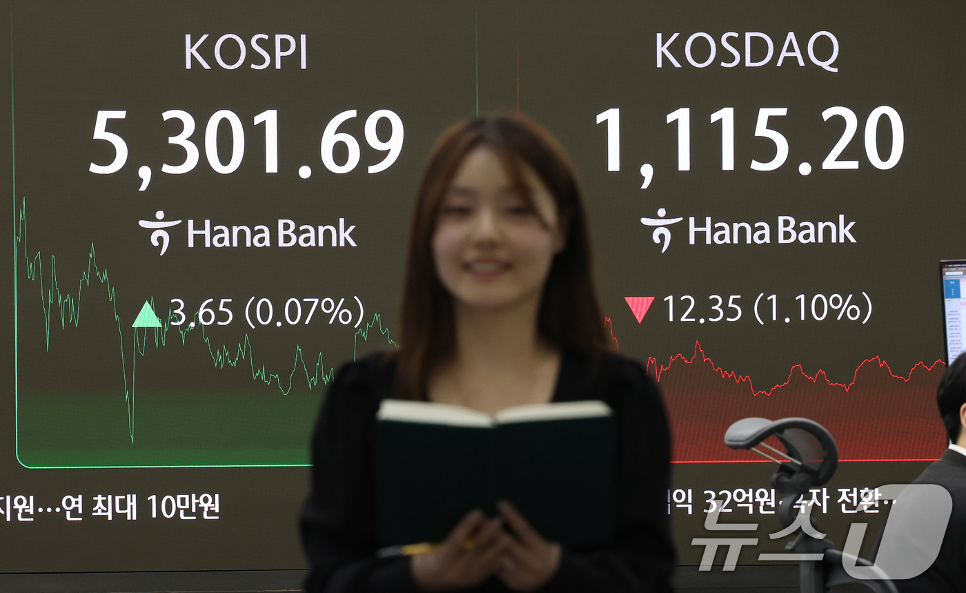 (서울=뉴스1) 오대일 기자 = 코스피가 소폭 상승한 10일 오후 서울 중구 하나은행 본점 딜링룸 전광판에 종가가 표시되고 있다.이날 코스피는 전 거래일 대비 3.65포인트(0.0 …