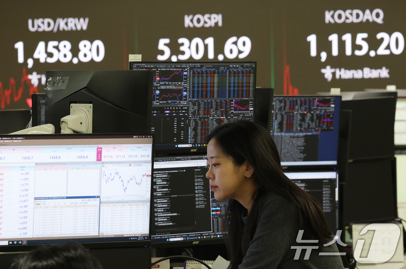 (서울=뉴스1) 오대일 기자 = 코스피가 소폭 상승한 10일 오후 서울 중구 하나은행 본점 딜링룸 전광판에 종가가 표시되고 있다.이날 코스피는 전 거래일 대비 3.65포인트(0.0 …