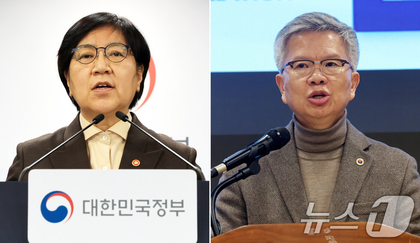 본문 이미지 - 정부가 10일 보건의료정책심의위원회를 열고 의대 정원 증원 방안을 의결했다. 사진 정은경 보건복지부 장관이 서울 종로구 정부서울청사에서 브리핑하는 모습(왼쪽)과 김택우 대한의사협회 회장이 용산구 의협회관에서 브리핑하는 모습. 2026.2.10 ⓒ 뉴스1 황기선 기자