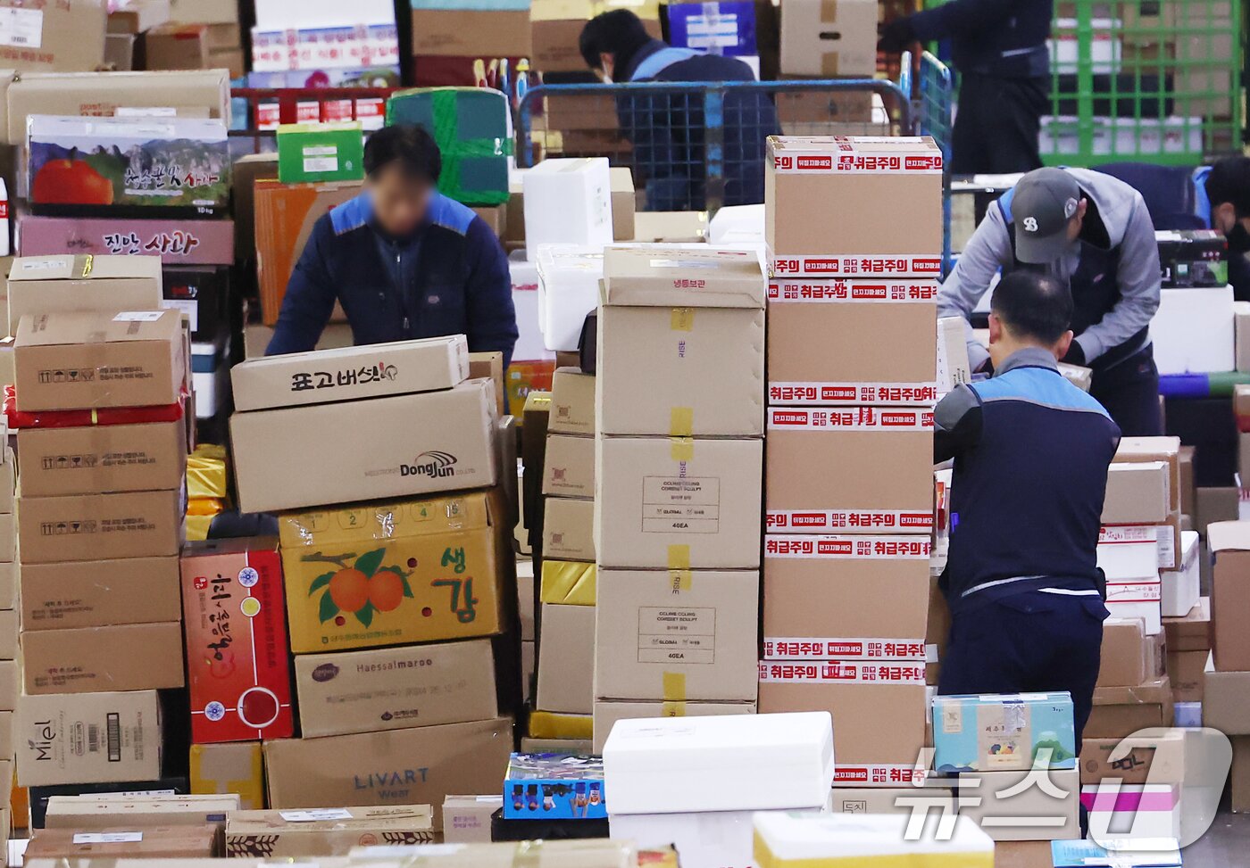 본문 이미지 - 설 명절을 앞둔 11일 오전 서울 광진구 동서울우편물류센터에서 직원들이 택배 분류 작업으로 구슬땀을 흘리고 있다. 2026.2.11 ⓒ 뉴스1 김민지 기자