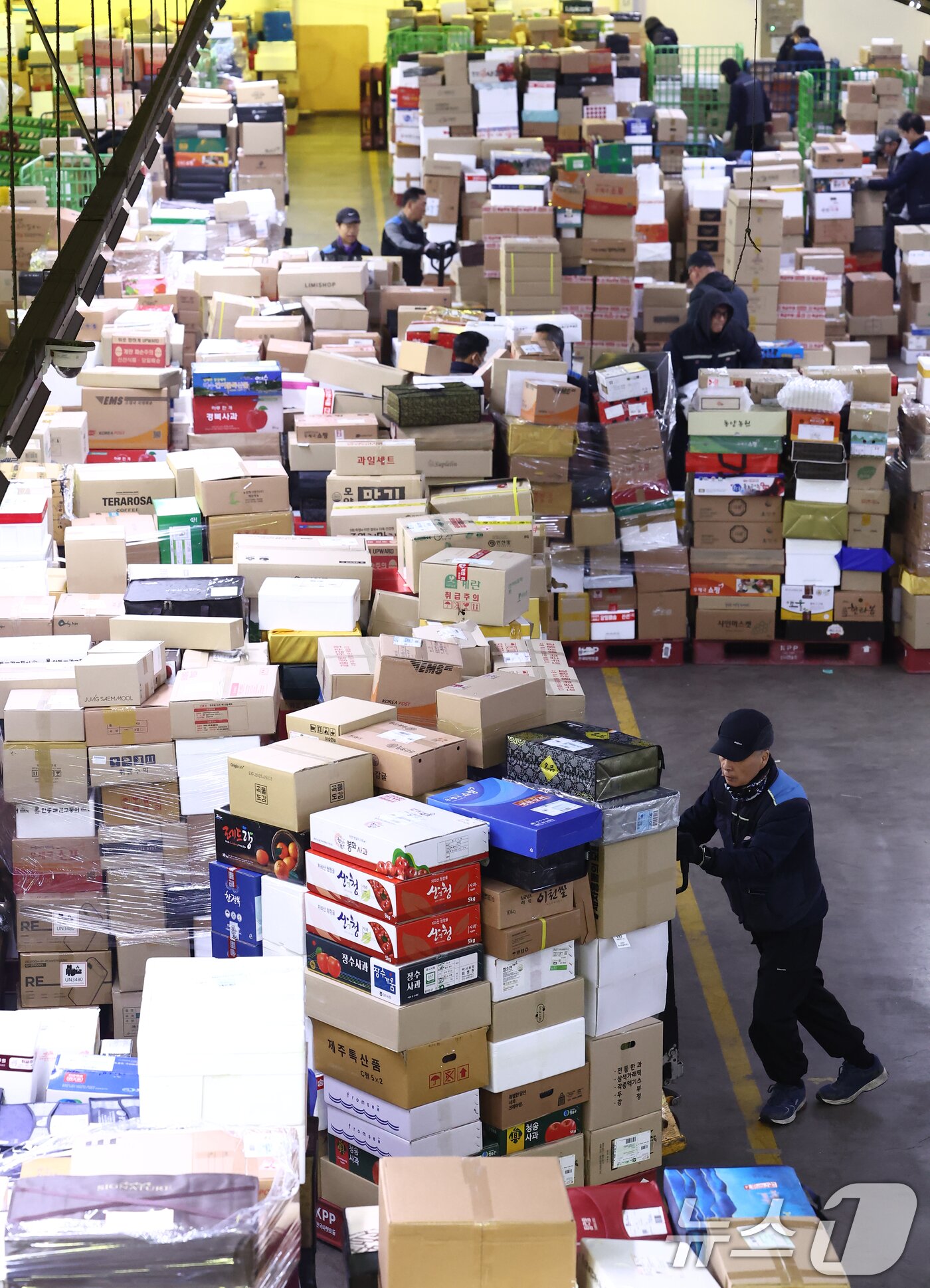 본문 이미지 - 설 명절을 앞둔 11일 오전 서울 광진구 동서울우편물류센터에서 직원들이 택배 분류 작업으로 구슬땀을 흘리고 있다. 2026.2.11 ⓒ 뉴스1 김민지 기자