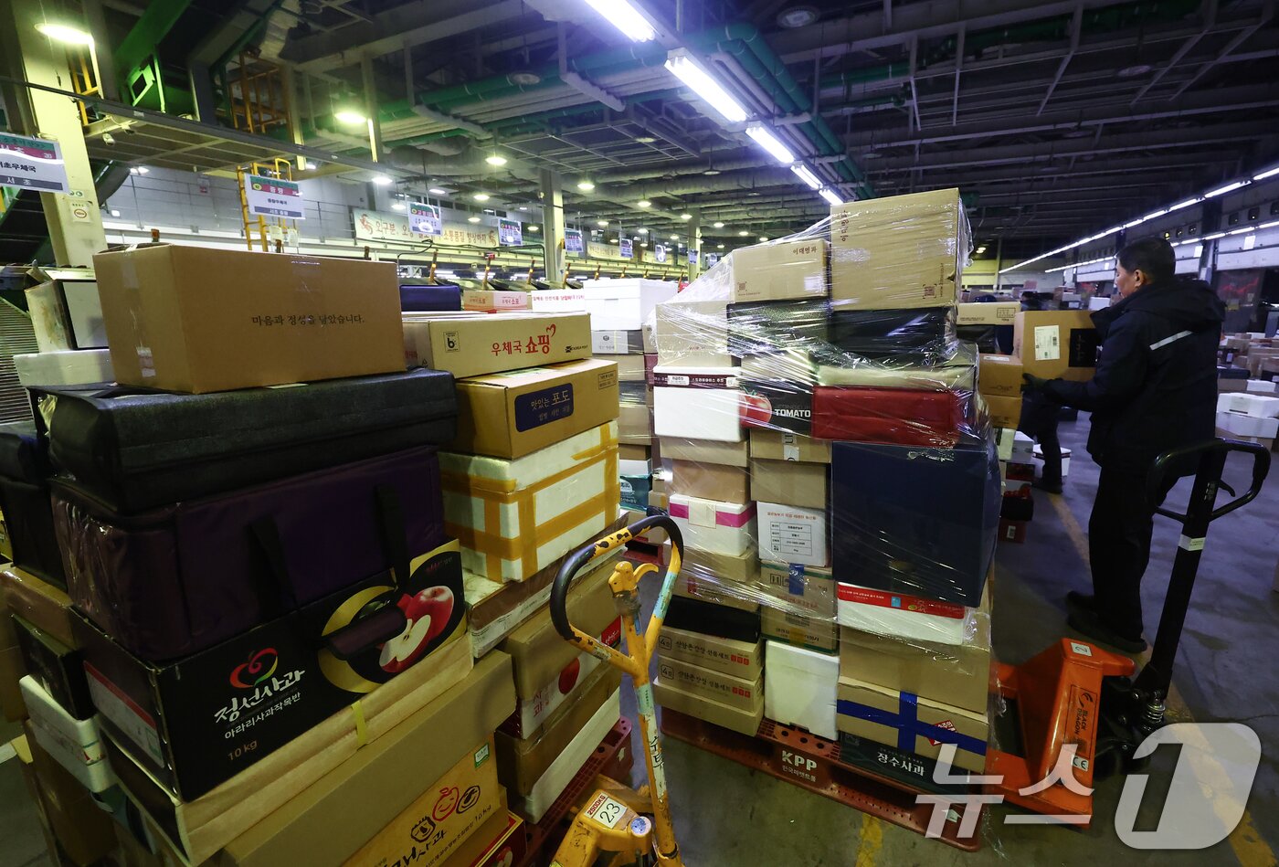 본문 이미지 - 설 명절을 앞둔 11일 오전 서울 광진구 동서울우편물류센터에서 직원들이 택배 분류 작업으로 구슬땀을 흘리고 있다. 2026.2.11 ⓒ 뉴스1 김민지 기자