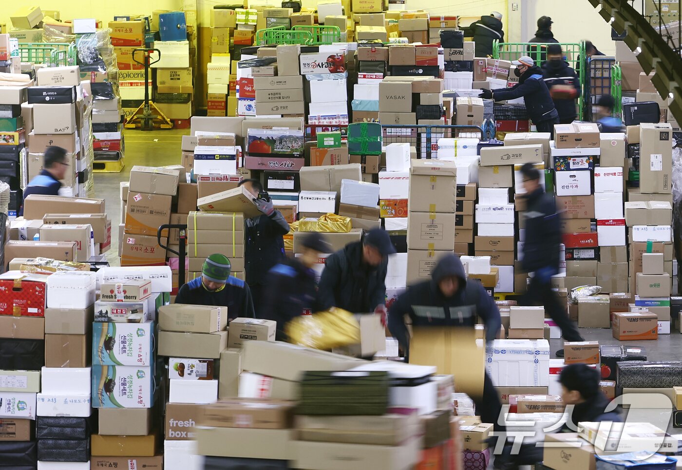 본문 이미지 - 설 명절을 앞둔 11일 오전 서울 광진구 동서울우편물류센터에서 직원들이 택배 분류 작업으로 구슬땀을 흘리고 있다. 2026.2.11 ⓒ 뉴스1 김민지 기자