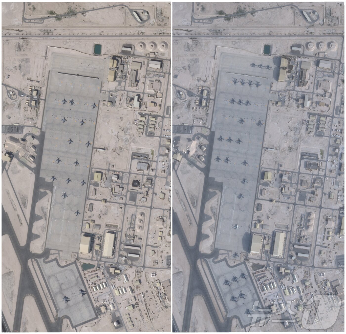 본문 이미지 - 지난달 17일(왼쪽)에서 지난 1일까지 카타르 알우데이드 공군기지에 있는 항공기 수가 증가한 것을 확인할 수 있는 플래닛랩스 위성사진 ⓒ 로이터=뉴스1