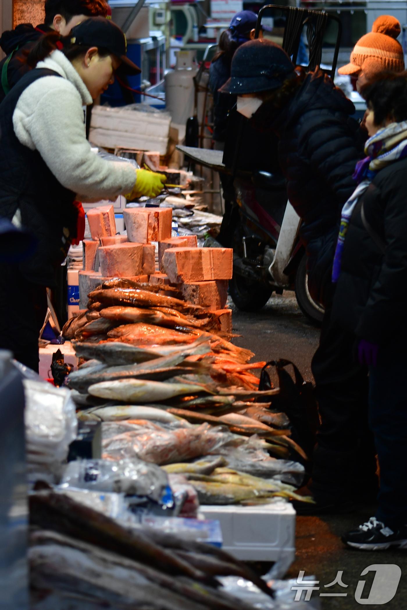 (포항=뉴스1) 최창호 기자 = 설 명절을 앞둔 11일 경북 포항시 죽도어시장 골목에서 시민들이 차례상에 올릴 제수용 생선을 구입하고 있다. 2026.2.11/뉴스1