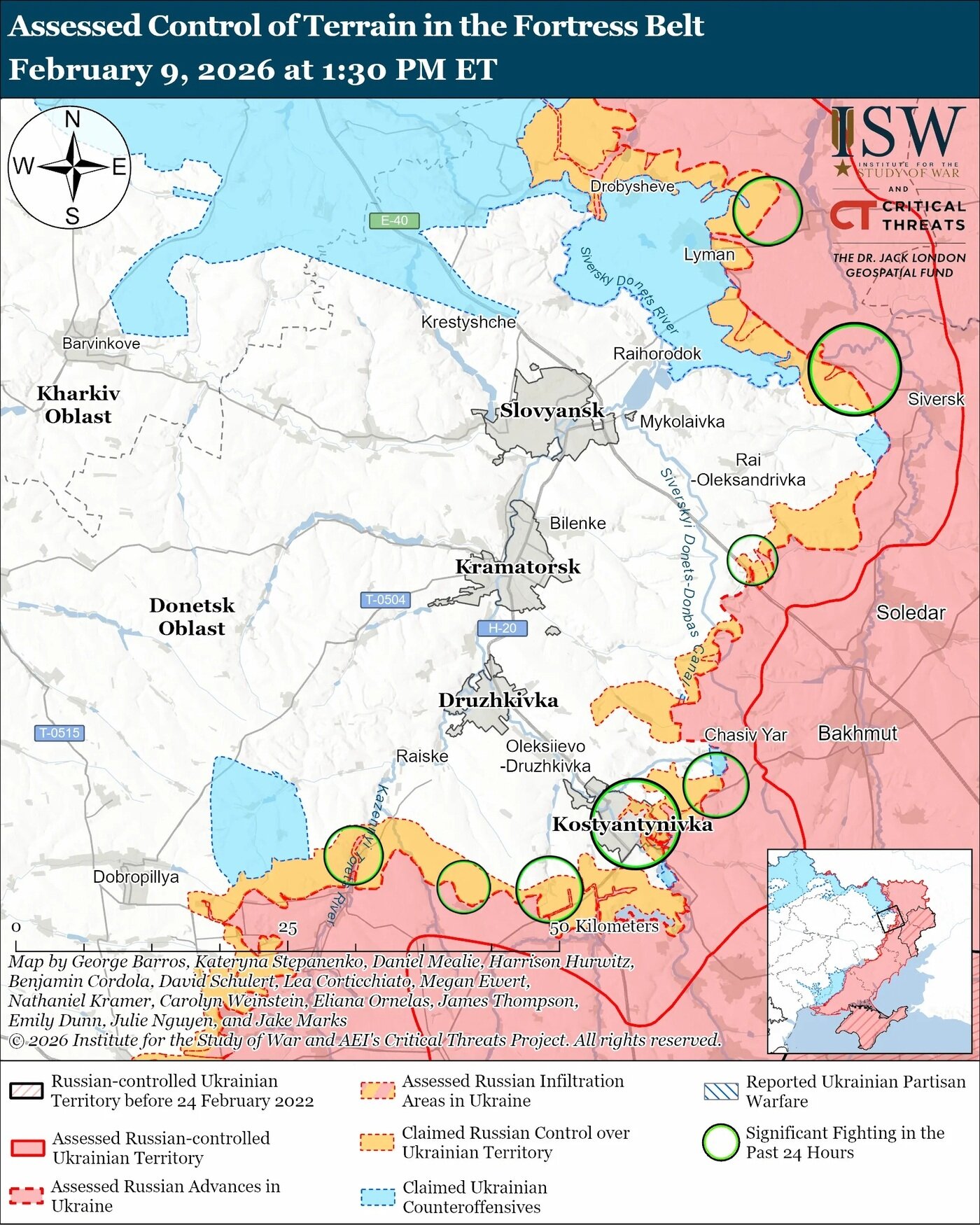 본문 이미지 - 지난 9일 기준 우크라이나 동부 도네츠크 전선 지도 (출처=미국 전쟁연구소(ISW))