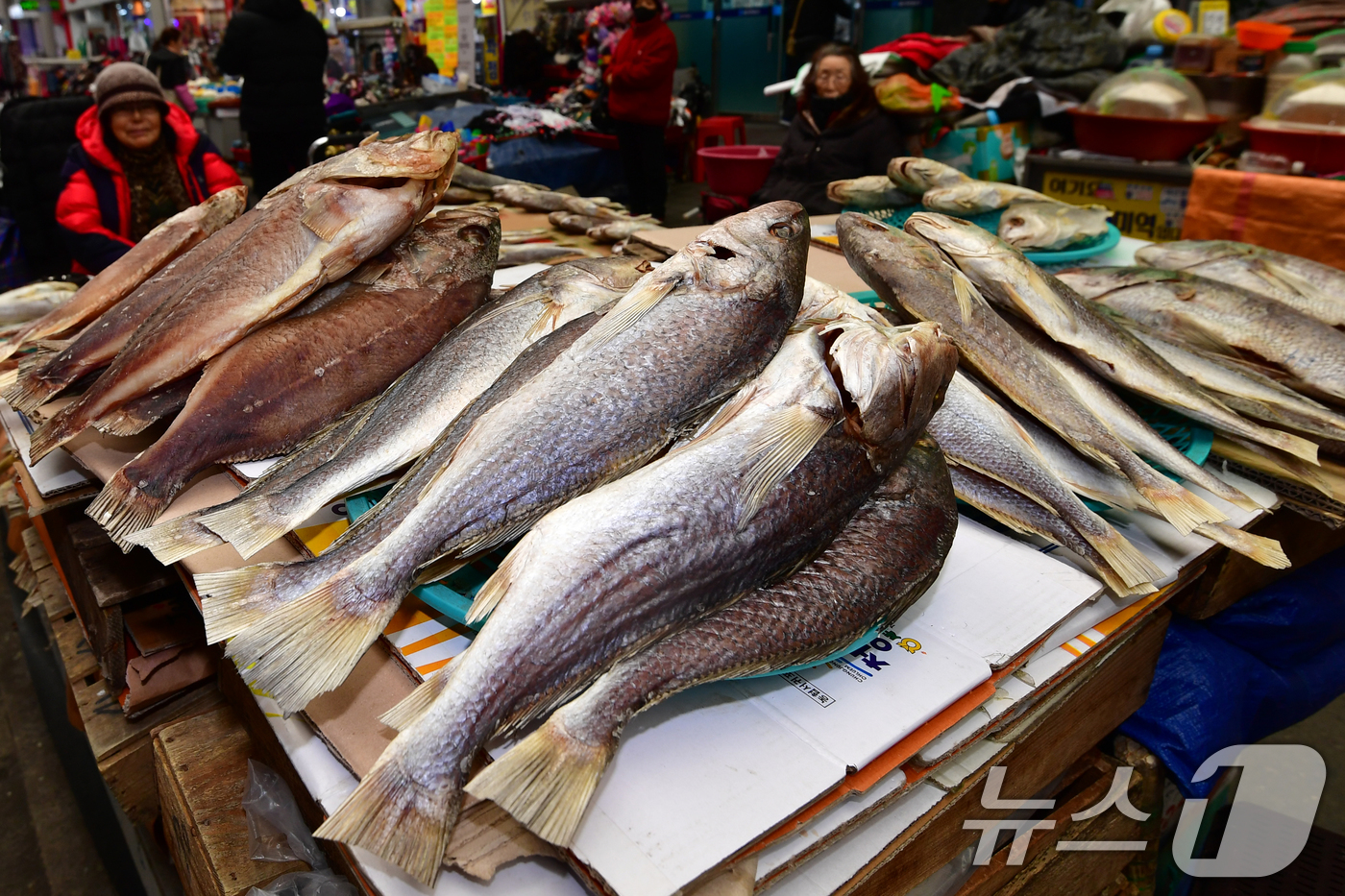 (포항=뉴스1) 최창호 기자 = 설 명절을 앞둔 11일 경북 포항시 죽도시장 골목에서 상인들이 차례상에 올릴 생선을 판매하고 있다. 2026.2.11/뉴스1