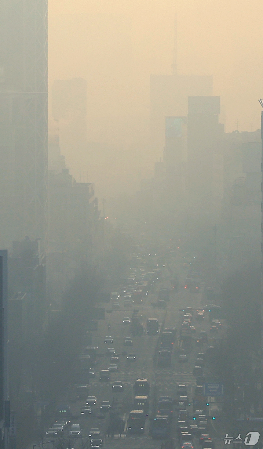 (서울=뉴스1) 이호윤 기자 = 전국 대부분 지역의 미세먼지가 나쁨 수준을 보인 12일 서울 도심이 미세먼지로 뿌옇게 보이고 있다. 2026.2.12/뉴스1