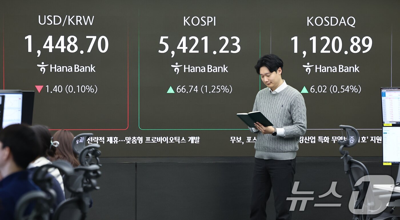본문 이미지 - 12일 서울 중구 하나은행 딜링룸 전광판에 코스피 등 시황이 표시되고 있다. 이날 코스피는 전 거래일 대비 70.90p(1.32%) 상승한 5425.39, 코스닥은 7.68p(0.69%) 상승한 1122.55에 거래를 시작했다. 2026.2.12 ⓒ 뉴스1 김도우 기자
