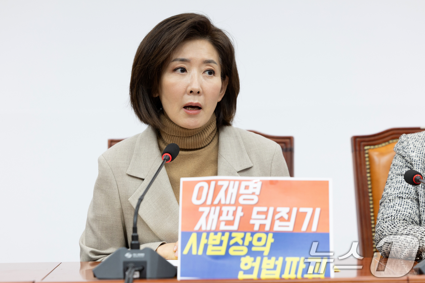 (서울=뉴스1) 이승배 기자 = 나경원 국민의힘 의원을 비롯한 법사위원들이 12일 서울 여의도 국회에서 재판소원·대법관증원 관련 규탄 기자회견을 하고 있다.국회 법제사법위원회는 전 …