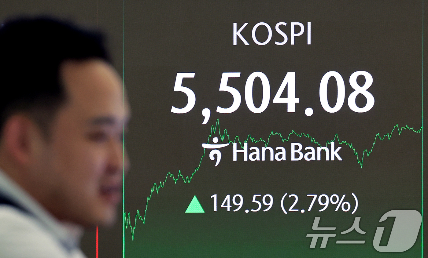 (서울=뉴스1) 이호윤 기자 = 코스피가 사상 처음으로 장중 5,500포인트를 넘어선 12일 서울 중구 하나은행 딜링룸 전광판에 코스피가 표시되고 있다. 2026.2.12/뉴스1