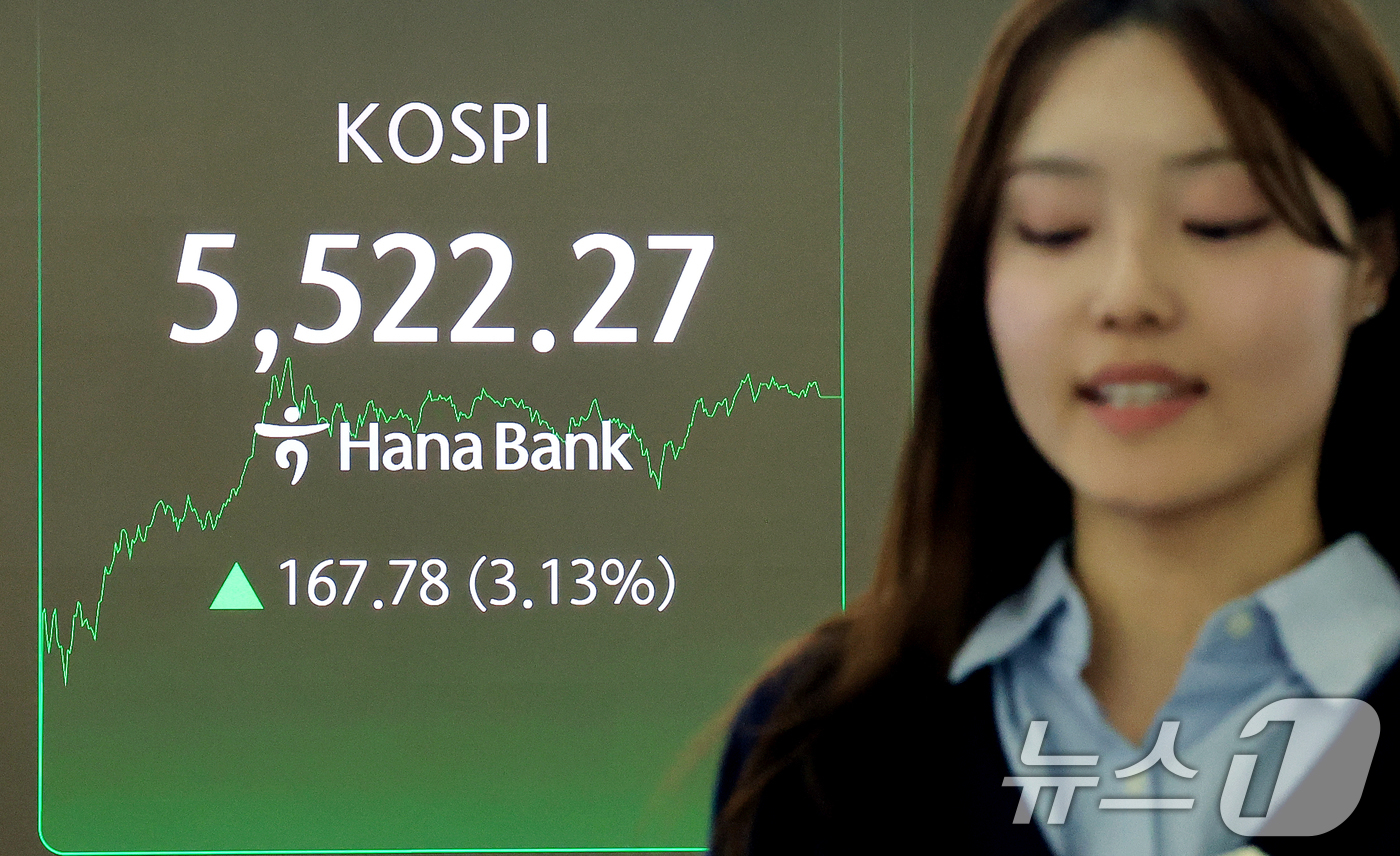 (서울=뉴스1) 이호윤 기자 = 코스피가 사상 처음으로 5,500포인트를 돌파 마감한 12일 서울 중구 하나은행 딜링룸 전광판에 종가가 표시되고 있다. 이날 코스피는 전 거래일 대 …