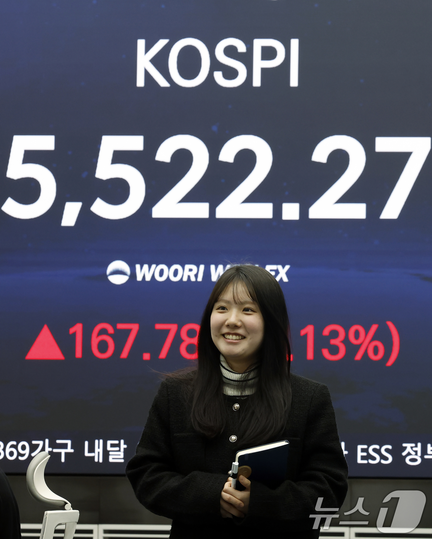 (서울=뉴스1) 박정호 기자 = 12일 오후 서울 중구 우리은행 본점 딜링룸 전광판에 종가가 표시되고 있다.이날 코스피는 전 거래일 대비 167.78포인트(3.13%) 오른 552 …