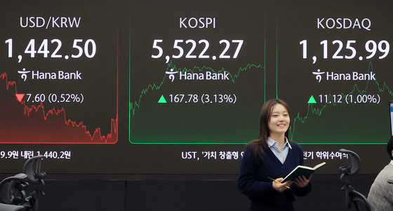 한국 증시 첫 코스피 5500선 돌파 마감