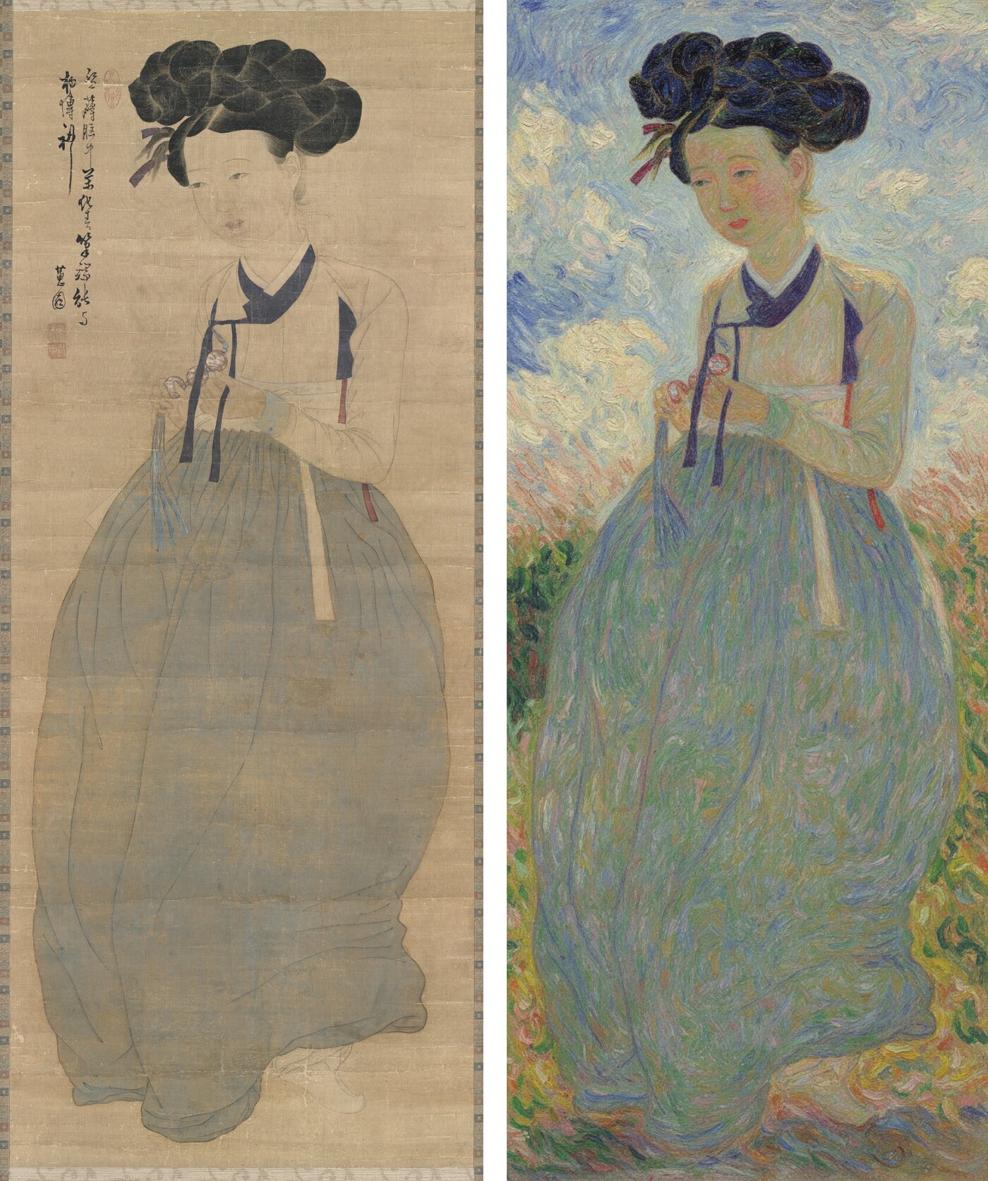 본문 이미지 - 대구간송미술관은 DGIST와 함께 AI기술을 활용한 〈미인도〉 사전전시를 선보인다. 신윤복 〈미인도〉(좌)를 디지스트의 생성형 AI기술을 활용 모네의 화풍으로 변환한 모습(우) (대구간송미술관 제공)