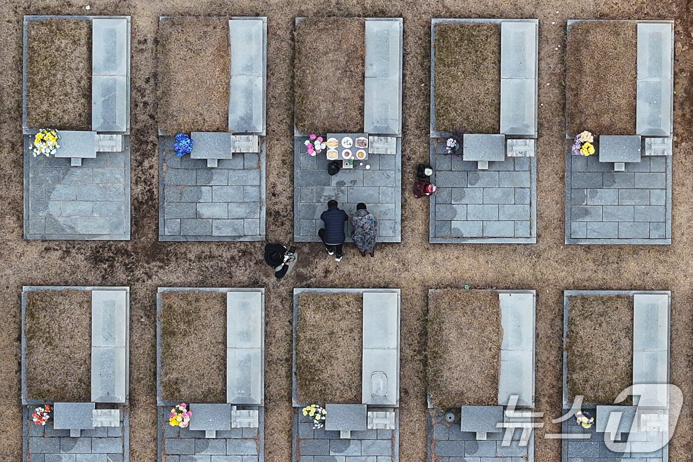 본문 이미지 - 설날을 닷새 앞둔 12일 인천 부평구 인천가족공원을 찾은 한 가족이 성묘하고 있다. 2026.2.13 ⓒ 뉴스1 김도우 기자