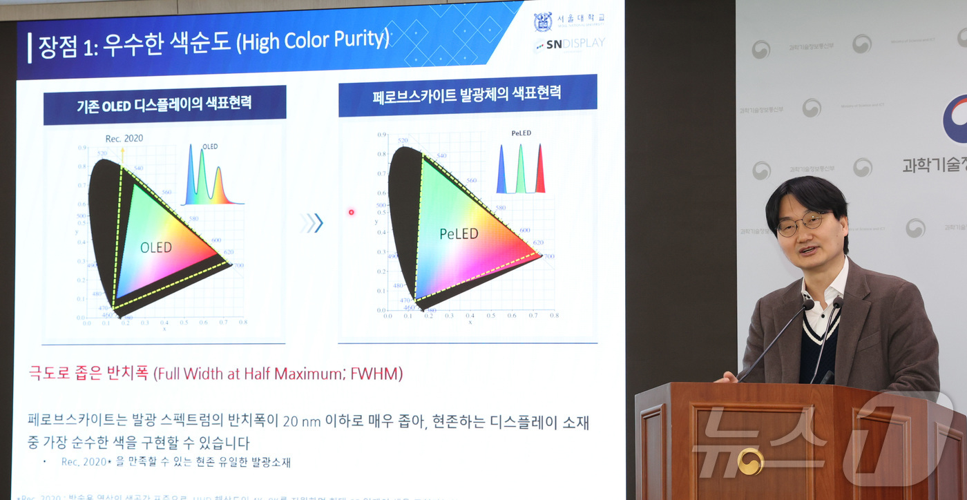 (세종=뉴스1) 김기남 기자 = 이태우 서울대 교수가 지난 13일 세종시 정부세종청사 과학기술정보통신부에서 국내 차세대 디스플레이 핵심소재 페로브스카이트 합성 신기술 개발 내용을 …