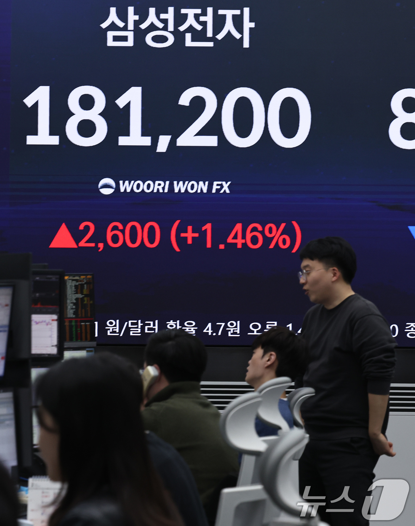 (서울=뉴스1) 구윤성 기자 = 13일 오후 서울 중구 우리은행 본점 딜링룸 전광판에 삼성전자 종가가 18만1200원을 기록하고 있다. 2026.2.13/뉴스1