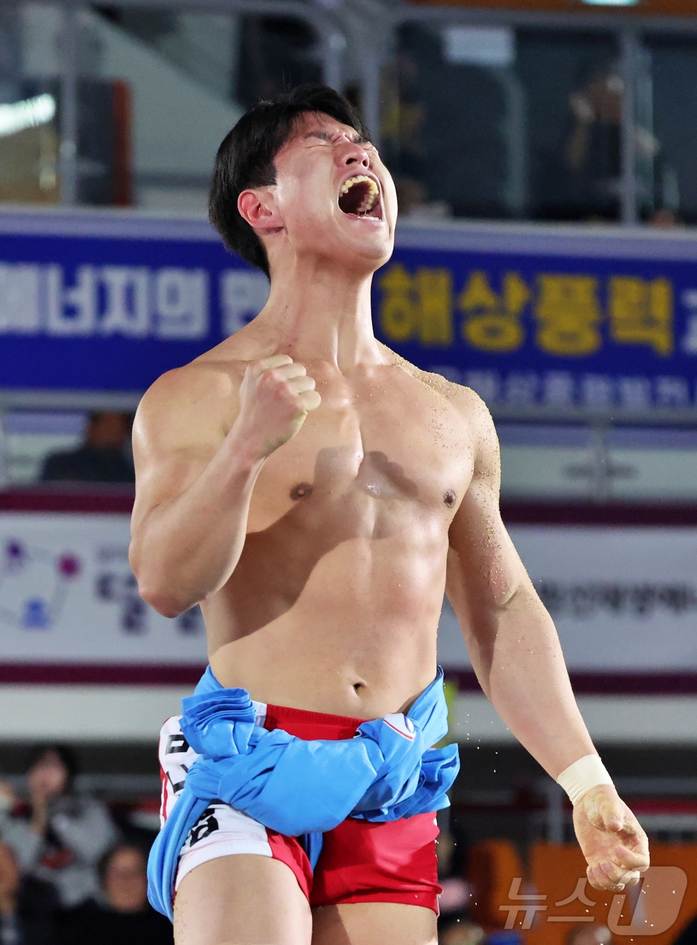(서울=뉴스1) = 14일 충청남도 태안군 태안종합실내체육관에서 열린 ‘위더스제약 2026 태안설날장사씨름대회’에서 소백장사(72kg이하)에 등극한 김남엽(구미시청)이 우승 후 기 …