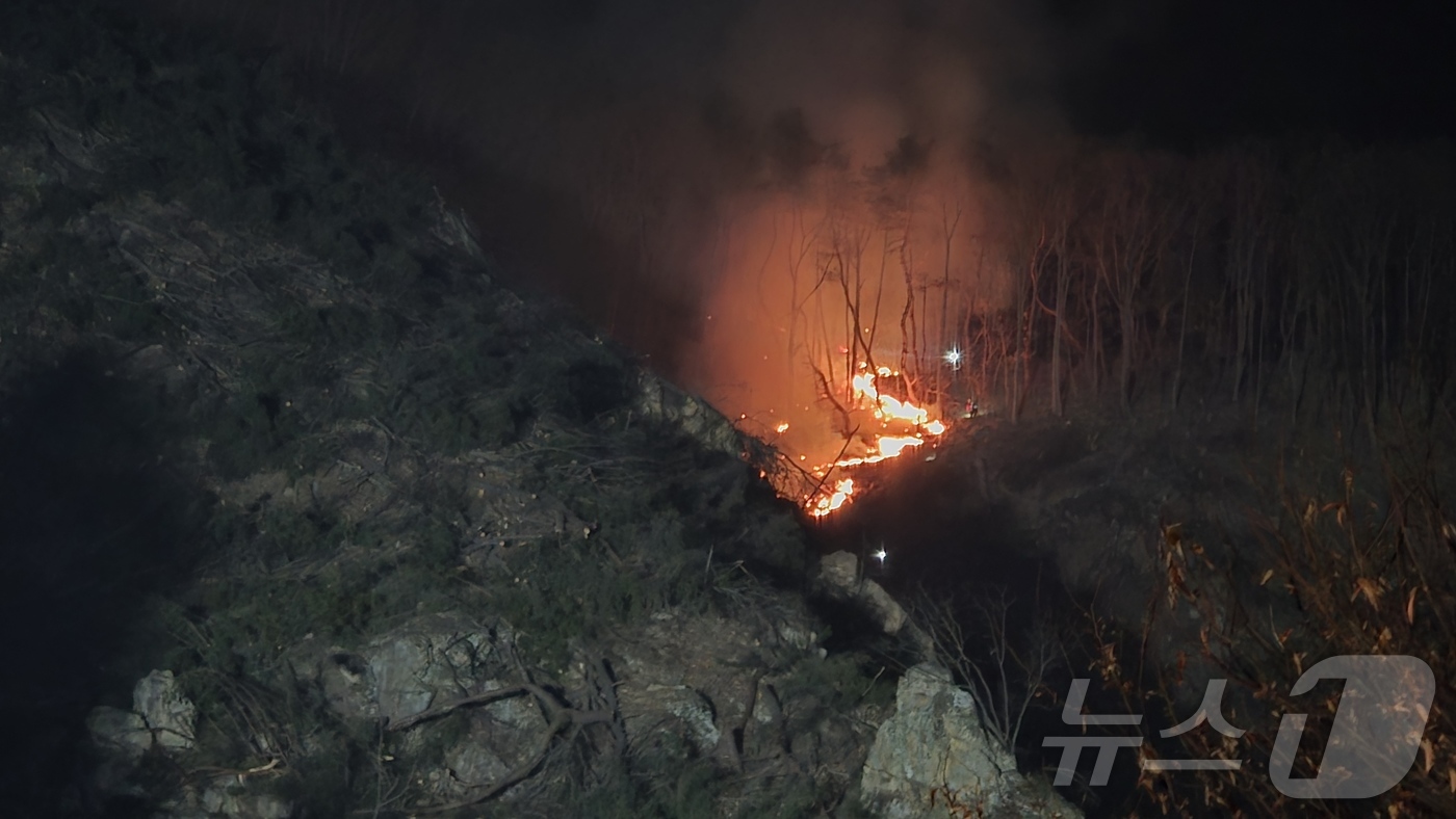 (금산=뉴스1) 이시우 기자 = 14일 충남 금산군 진산면 백마산에서 발생한 산불이 능선을 따라 번지고 있다. 2026.2.15/뉴스1