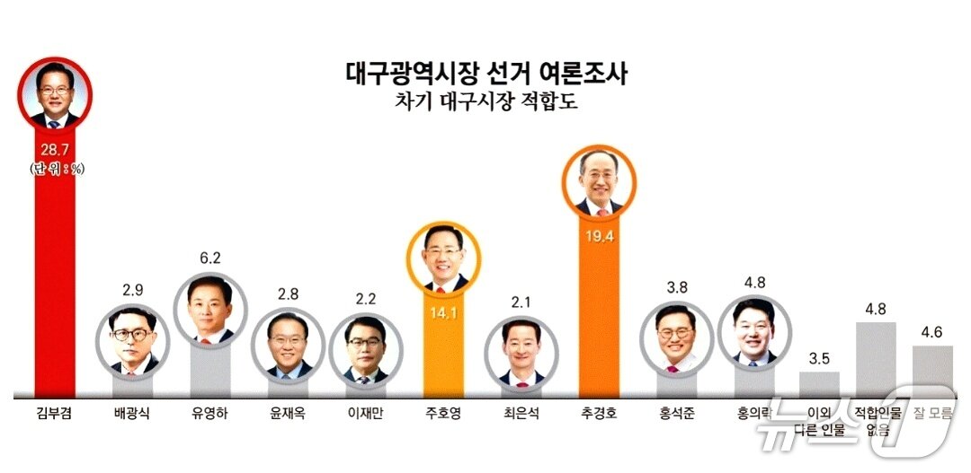 본문 이미지 - 6월 3일 치르는 제9회 전국동시지방선거 대구시장 출마 예상자들에 대한 적합도 조사. (대구일보 지면 PDF 파일 갈무리. 재판매 및 DB 금지)/뉴스1