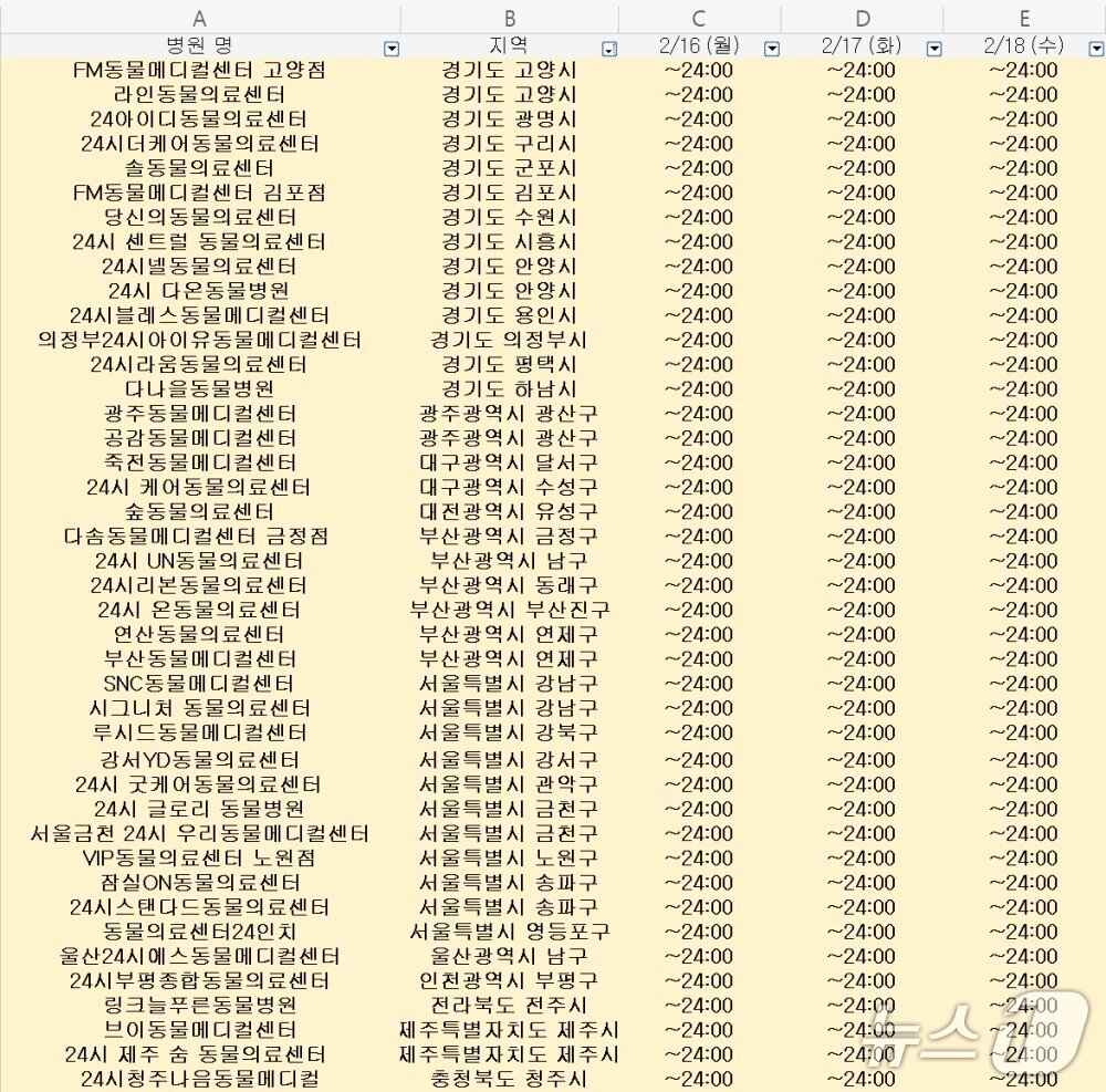 본문 이미지 - 설 연휴 24시간 진료를 하는 동물병원 명단(벳아너스 제공) ⓒ 뉴스1
