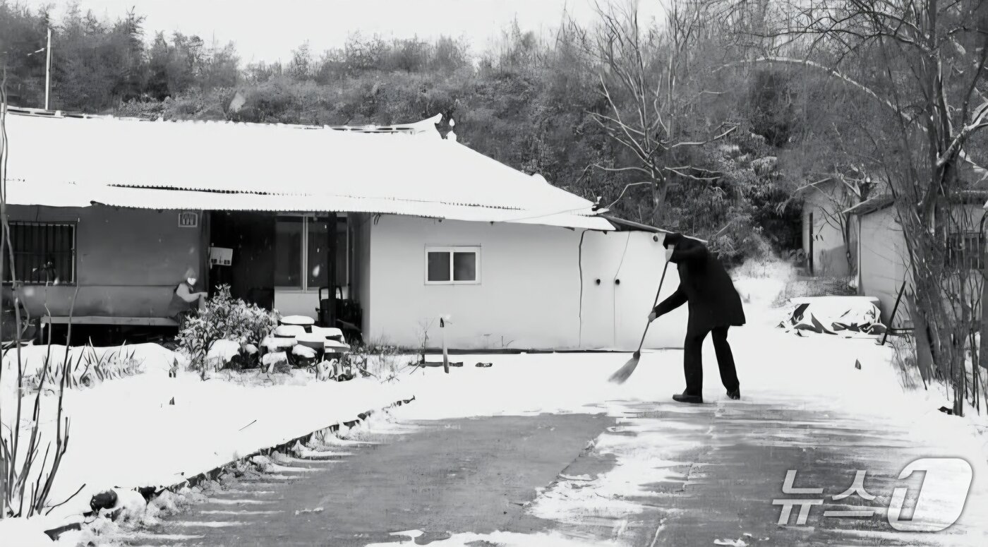 본문 이미지 - 장동혁 대표가 95세 노모가 살고 있는 충남 보령의 단독 주택 앞 눈을 치우고 있다. (장 대표 페이스북)   
