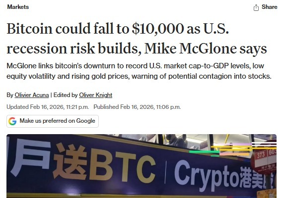 "비트코인 1만달러까지 추락, 미국 침체에 빠트릴 것"-코인데스크