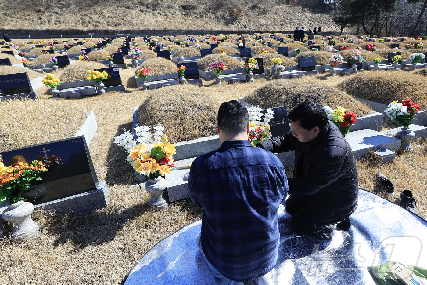 (파주=뉴스1) 박정호 기자 = 병오년 설날인 17일 낮 경기도 파주시 동화경모공원을 찾은 성묘객들이 가족의 묘를 찾아 성묘를 하고 있다.  2026.2.17/뉴스1
