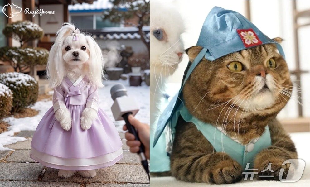 본문 이미지 - 한복 입은 AI 강아지와 고양이(한국반려동물영양연구소, 크집사 영상 갈무리) ⓒ 뉴스1