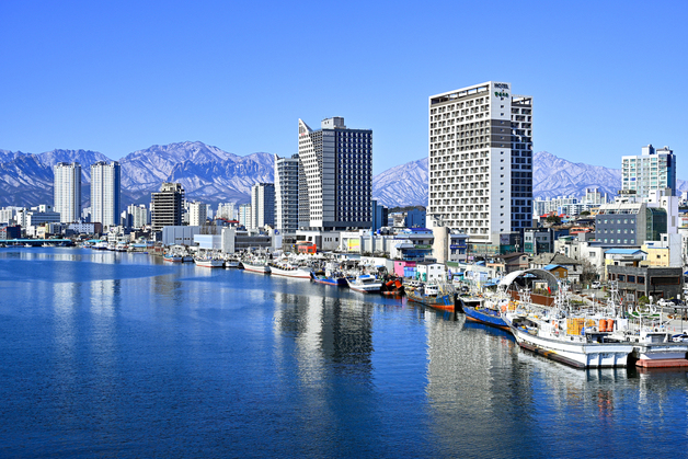 청초호에서 바라본 눈내린 속초