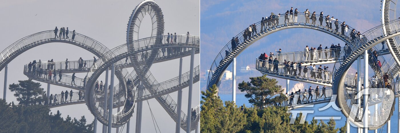 본문 이미지 - 경북 포항시 북구 환여동 스페이스워크에서 관광객들이 휴일을 즐기고 있다. 왼쪽 사진은 지난 15일 초미세먼지를 뚫고 스페이스워크에 오른 귀성객과 관광객 모습.ⓒ 뉴스1 최창호 기자