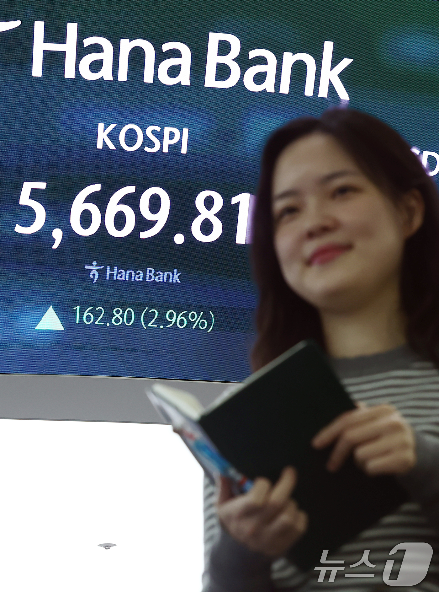 (서울=뉴스1) 김민지 기자 = 코스피가 사상 처음으로 5600선을 돌파한 19일 오전 서울 중구 하나은행 딜링룸 전광판에 시황이 나오고 있다.이날 코스피는 전 거래일(5507.0 …