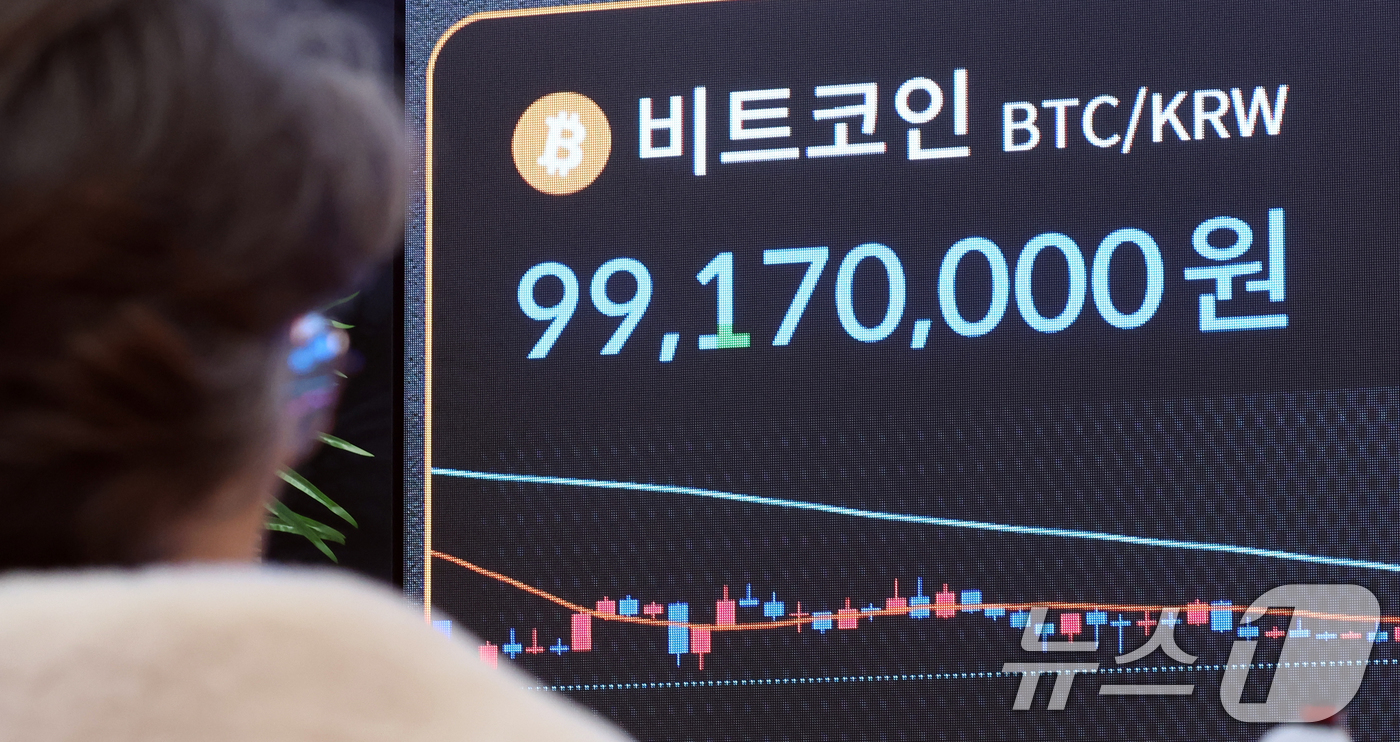 (서울=뉴스1) 김명섭 기자 = 19일 서울 강남구 빗썸 라운지 전광판에 비트코인 가격이 9천9백만원대로 나타나고 있다. 비트코인은 명절 연휴 기간 한때 1억원 선을 회복했지만, …