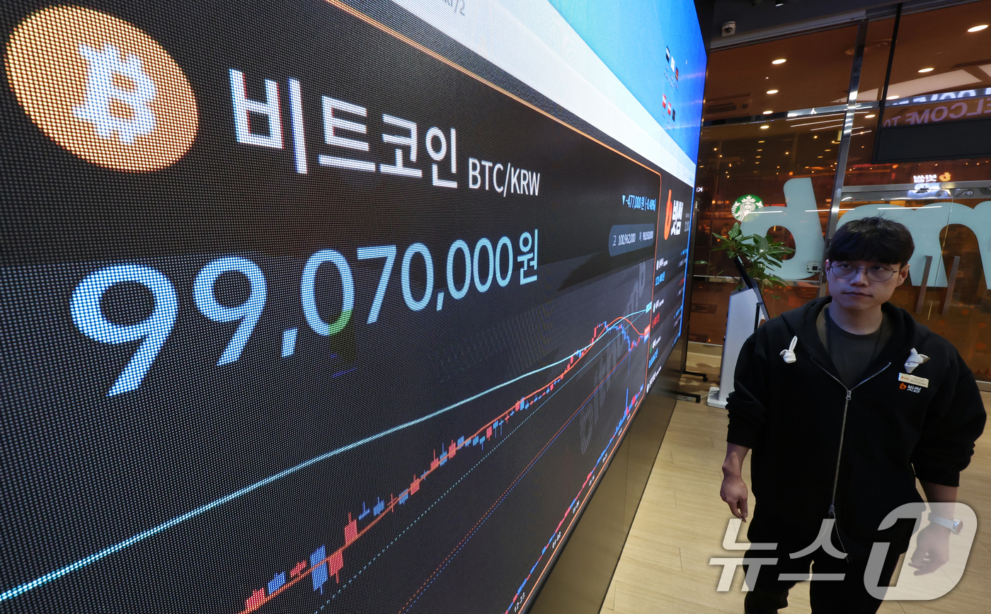 (서울=뉴스1) 김명섭 기자 = 19일 서울 강남구 빗썸 라운지 전광판에 비트코인 가격이 9천9백만원대로 나타나고 있다. 비트코인은 명절 연휴 기간 한때 1억원 선을 회복했지만, …