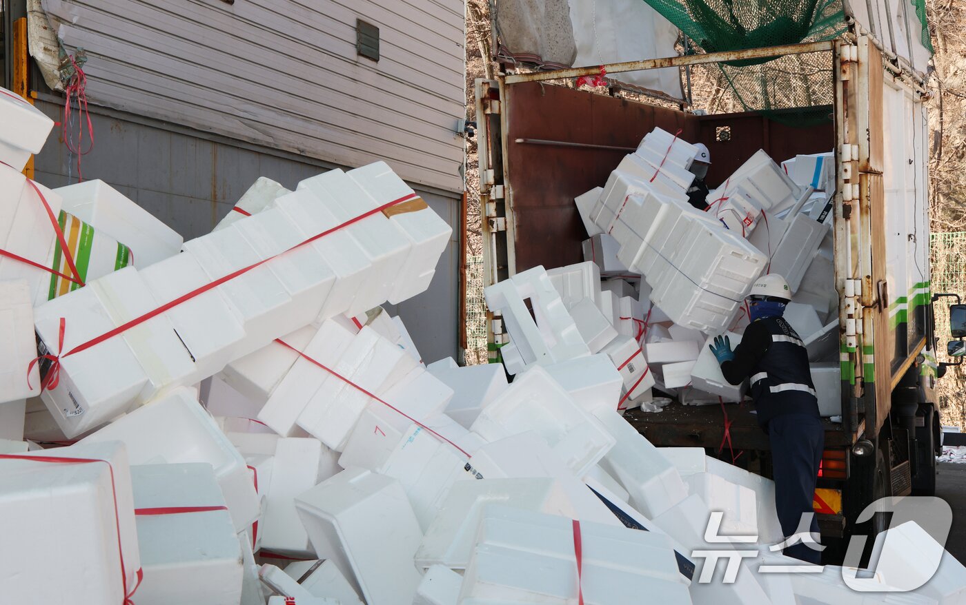본문 이미지 - 설 연휴가 끝난 19일 경기 용인시 처인구 이동읍공공재활용센터에서 관계자들이 스티로폼 분류 작업을 하고 있다. 2026.2.19 ⓒ 뉴스1 김영운 기자