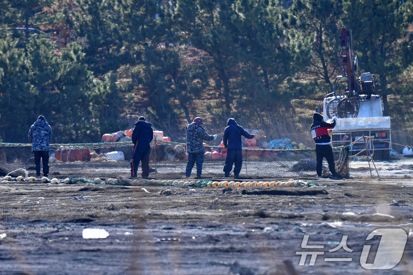 (포항=뉴스1) 최창호 기자 = 19일 오후 경북 포항시 북구 흥해읍 용한리에서 어민들이 그물을 손질하고 있다.  2026.2.19/뉴스1