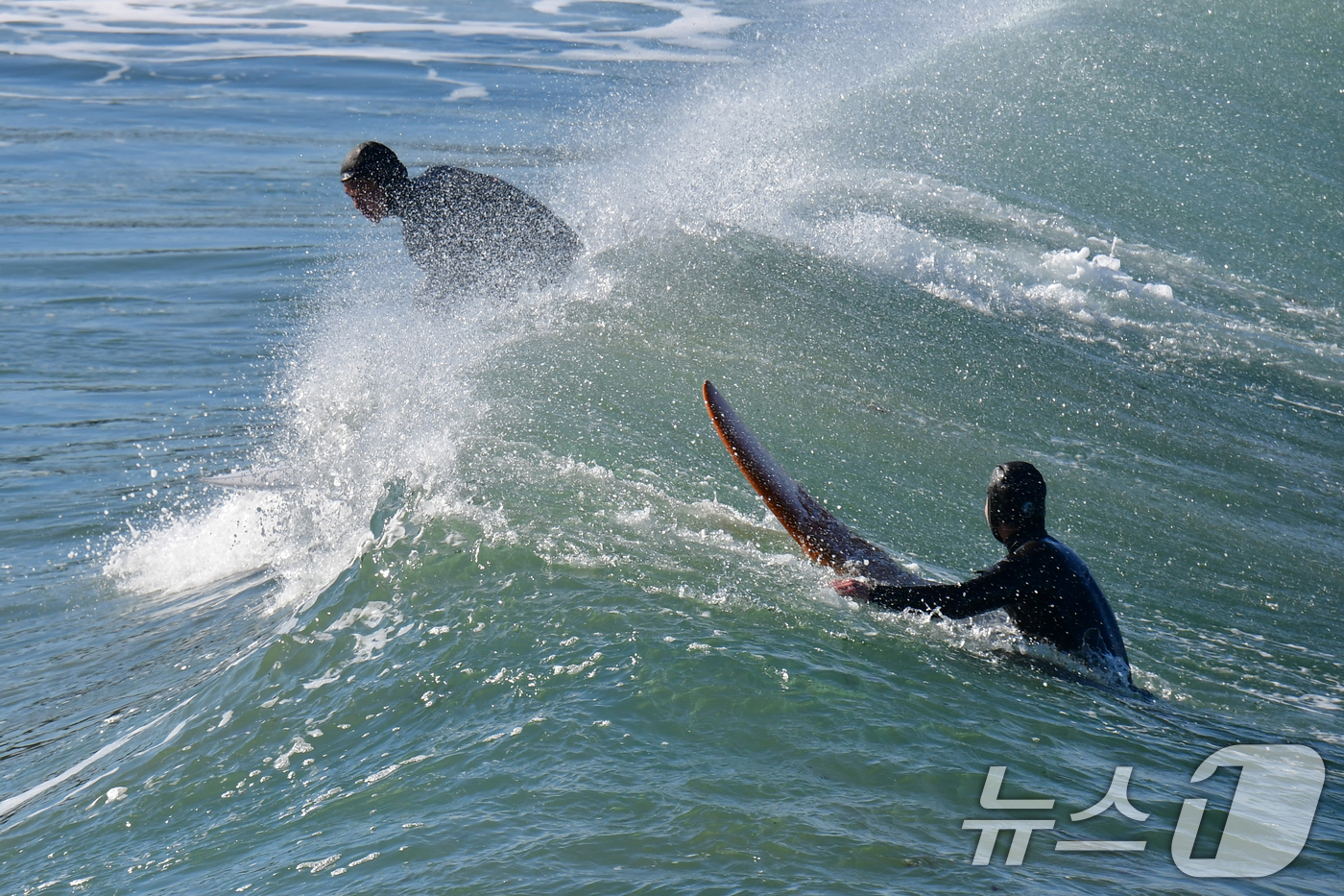 (포항=뉴스1) 최창호 기자 = 절기상 우수인 19일 오후 경북  포항시 북구 용한리 앞 바다에서 서퍼들이 파도를 타고 있다. 2026.2.19/뉴스1