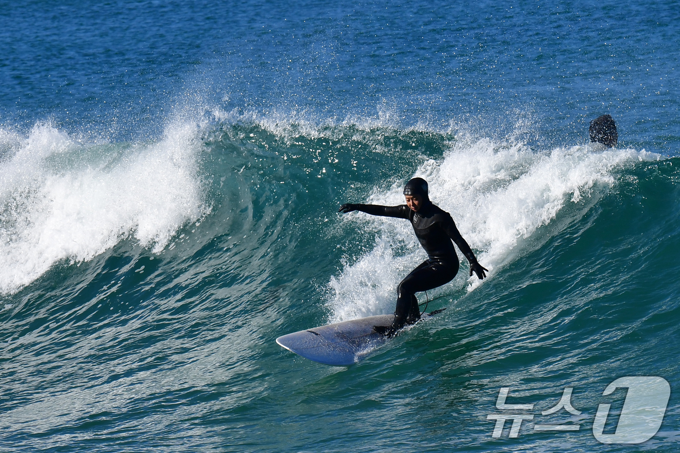 (포항=뉴스1) 최창호 기자 = 절기상 우수인 19일 오후 경북  포항시 북구 용한리 앞 바다에서 서퍼들이 파도를 타고 있다. 2026.2.19/뉴스1