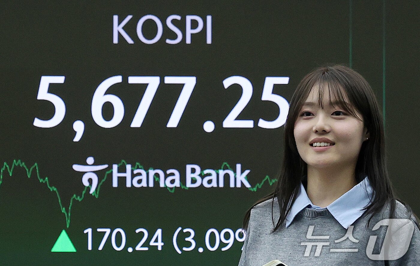 본문 이미지 - 코스피가 사상 최고치로 거래를 마친 19일 오후 서울 중구 하나은행 딜링룸 전광판에 코스피 지수가 전 거래일 종가와 비교해 170.24포인트(p)(3.09%) 상승한 5677.25를 나타내고 있다. 코스닥은 전 거래일 대비 54.63포인트(p)(4.94%) 상승한 1160.71로 마감했다. 2026.2.19 ⓒ 뉴스1 박지혜 기자