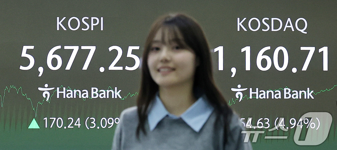 (서울=뉴스1) 박지혜 기자 = 코스피가 사상 최고치로 거래를 마친 19일 오후 서울 중구 하나은행 딜링룸 전광판에 코스피 지수가 전 거래일 종가와 비교해 170.24포인트(p)( …