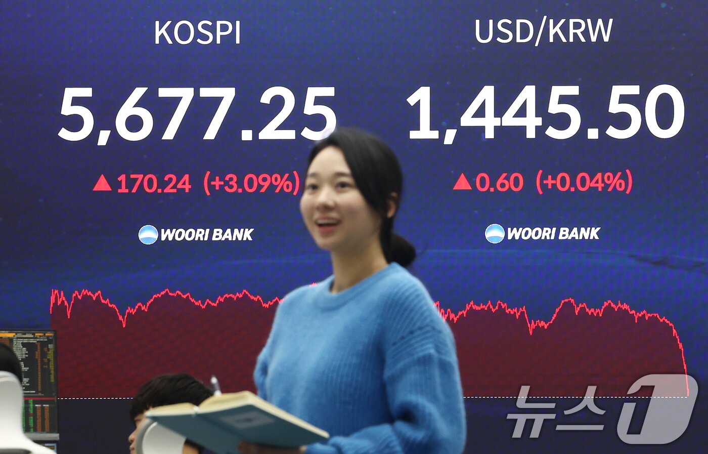 본문 이미지 - 코스피가 사상 첫 5600선 마감한 19일 오후 서울 중구 우리은행 본점 딜링룸 전광판에 종가가 표시돼 있다.  2026.2.19 ⓒ 뉴스1 김민지 기자