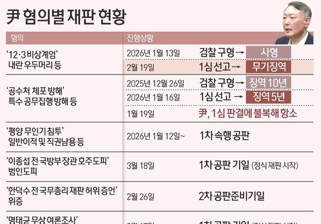 [그래픽] 尹 혐의별 재판 현황