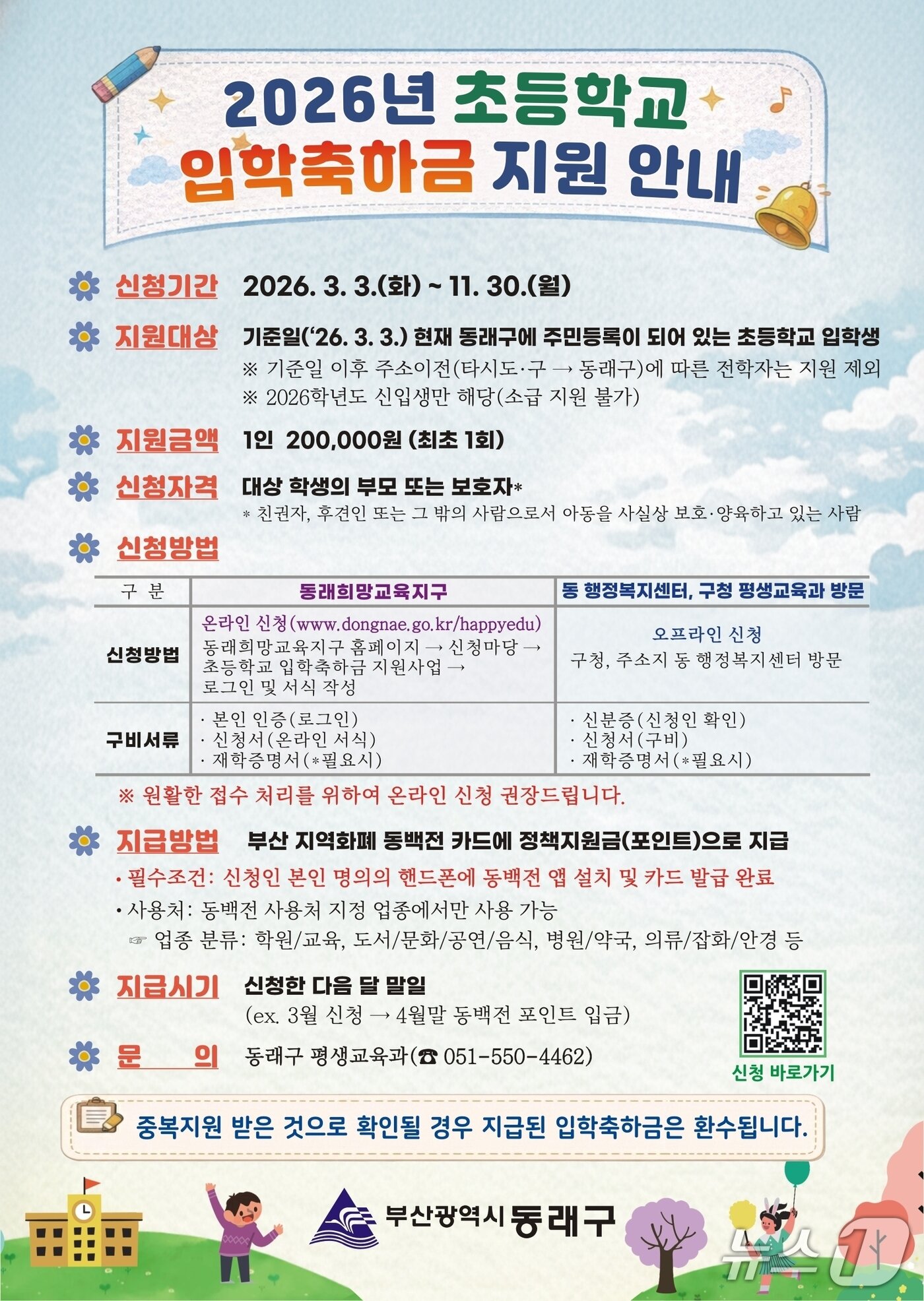 본문 이미지 - 동래구 초등학교 신입생 입학축하금 안내 포스터.(동래구 제공. 재판매 및 DB금지)