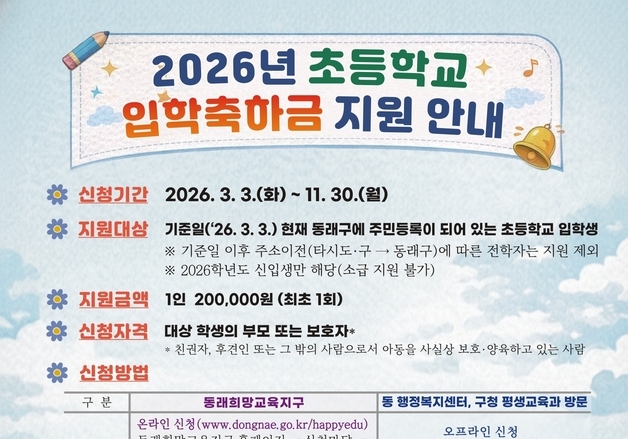 동래구, 초등학교 신입생에 입학축하금 20만원 지원