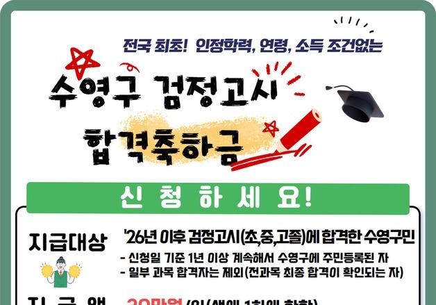 부산 수영구, 검정고시 합격자에 축하금 30만원