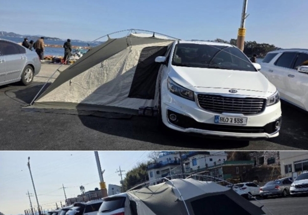 공영주차장에 텐트 친 '빌런 카니발'…아이들과 캠핑하며 민원인 '조롱'